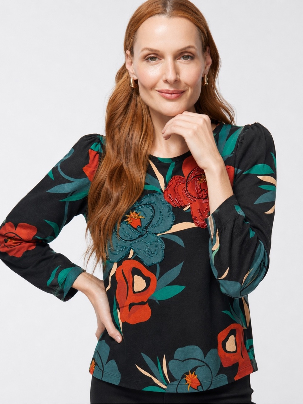 Chico's Black Floral Scoop-Neck Top with Teal & Red Beaded Blooms (364)